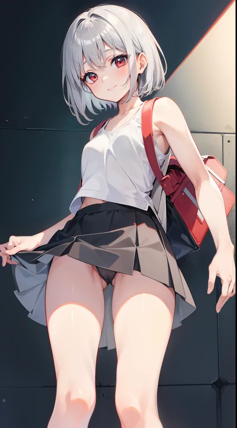 young girl, short gray hair, red-eyes, white tanktop, Upskirt, ssmile, backpack, stocklings, Masterpiece, hiquality