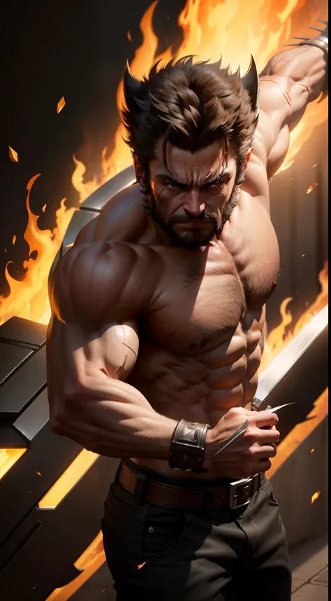 cinematic shot of  realistic cute Wolverine blade come out from his hand , surounded by fire, seamless, epic, cinematic, intricate detail, award winning, great lighting, shading, high quality, detailed