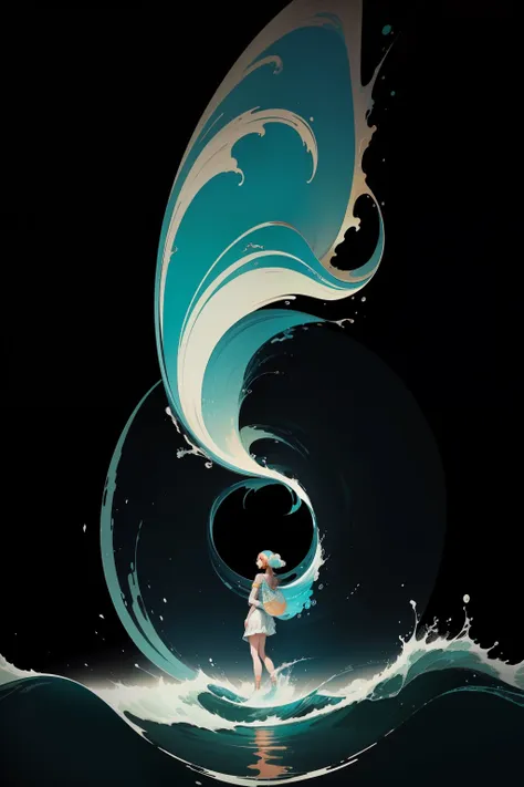 a close up of a person standing in the water with a wave, victo ngai style, botticelli and victo ngai, victo ngai! muted colors,...