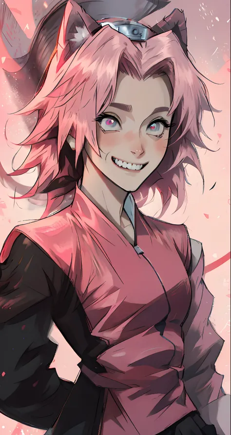 anime, female, pink hair, pink eyes, smiling, young, sharp teeth, wolf ears