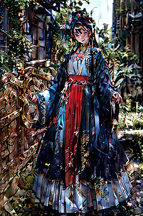 one-girl，wearing a hanfu，Red long-haired，blue color eyes，Fold your hands to your chest，standing on top of the building，vred，Feminine characteristics，The character is centered，looks into camera，ancient wind，