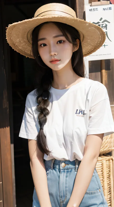 Long-haired woman in straw hat and white short sleeves, Realism, Gorgeous young Korean woman, Asian girl with long hair, Beautiful young Korean woman, ulzzangs, beautiful Korean women, young cute wan asian face, Korean girl, young lovely Korean faces, Beau...