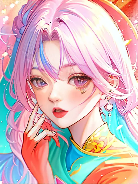 Anime girl with colorful hair and colorful clothes，Roslas soft vibrancy，Rosslas cartoon vitality，style of anime4 K，a beautiful anime portrait，The artistic germ is rich and colorful!!!,Beautiful anime girls，！Dream Artgerm，anime big breast，Digital anime art，...