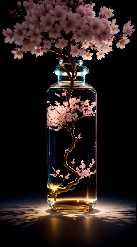 Cherry blossom tree in a bottle, Fluffy, Realistic, Atmospheric light refraction, author：Lee Jeffries Nikon D850 Film Stock Photo 4 Kodaport 400 Camera F1.6 Shots rich colors Ultra-realistic realistic textures Dramatic lighting Trends on Unreal Engine ArtS...