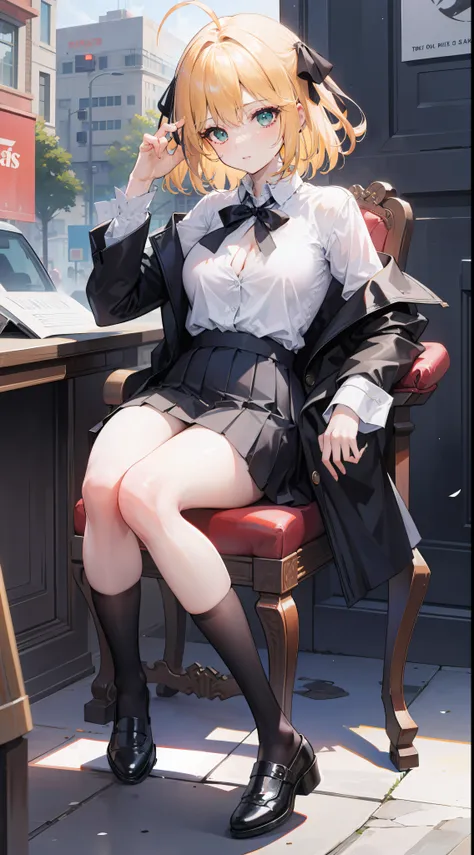 street background, traffic busy, shirt button, mini pleated skirt, black shoe, sit on the chair