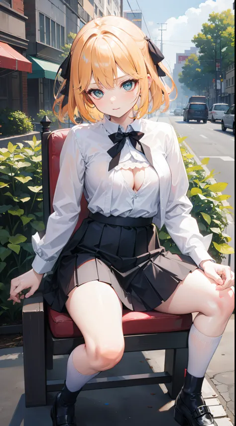 street background, traffic busy, shirt button, mini pleated skirt, black shoe, sit on the chair