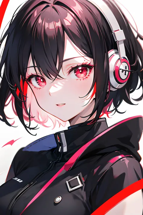 Short black hair anime girl character wearing headphones, Depicted in the style of Yanjun. This artwork demonstrates the realistic use of light and color, Light pink and light dark red. The composition has soft edges and a soft atmosphere, Combine close-up...