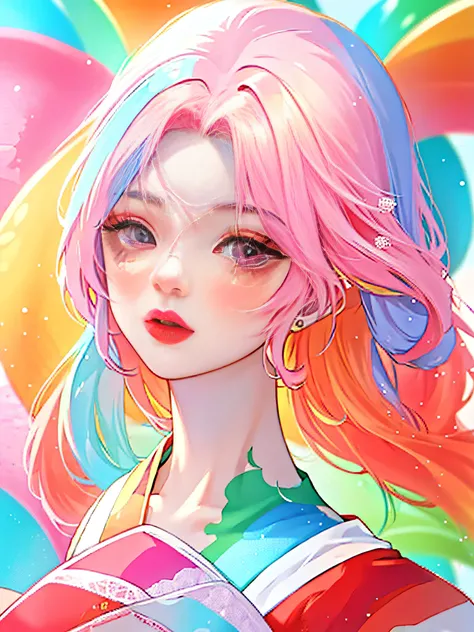 Anime girl with colorful hair and colorful clothes，Roslas soft vibrancy，Rosslas cartoon vitality，style of anime4 K，a beautiful anime portrait，The artistic germ is rich and colorful!!!,Beautiful anime girls，！Dream Artgerm，anime big breast，Digital anime art，...