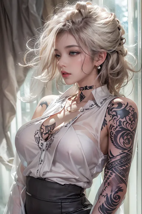 (Gorgeous atmosphere based on white)、​masterpiece、独奏、A highly detailed、Ultra-detailed、超A high resolution、Photorealsitic、Crystal clear white skin、((Blouse made of transparent light fabric、pale white shirt with wide open chest,,,,、 areola is see-through、Blac...