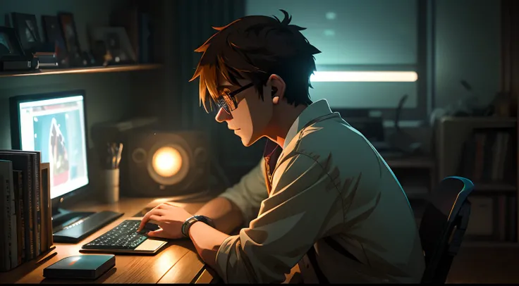 A 23-year-old nerdy man is watching music on a computer in a room full of gadgets, by Makoto Shinkai and Ghibli Studio, dramatic lighting, highly detailed, incredible quality