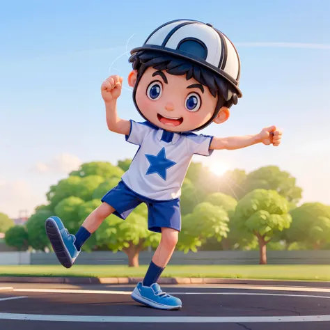 A boy (in the picture ratio 1:2), school uniform, school playground, running track, crossing the finish line, victory, joy, joy, perfect quality, clear focus, (Masterpiece: 1.2) (Realistic: 1.2) (Bokeh) (Best quality) (Detailed skin: 1.3) (Intricate detail...