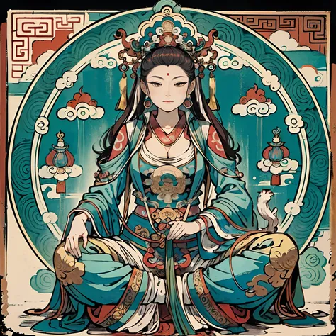 an ancient Chinese goddess, guanyin of the southern seas, Guanyin, Inspired by India, Avalokiteshvara rides a lion，,Serene expression,shui mo hua,Buddha,Buddhist,Lotus,Chinese painting style,Thangka style