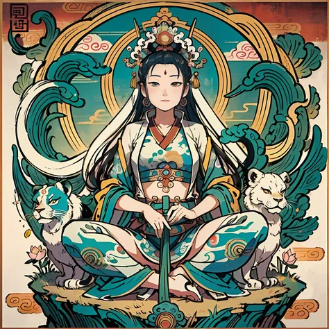 an ancient Chinese goddess, guanyin of the southern seas, Guanyin, Inspired by India, Avalokiteshvara rides a lion，,Serene expression,shui mo hua,Buddha,Buddhist,Lotus,Chinese painting style,Thangka style