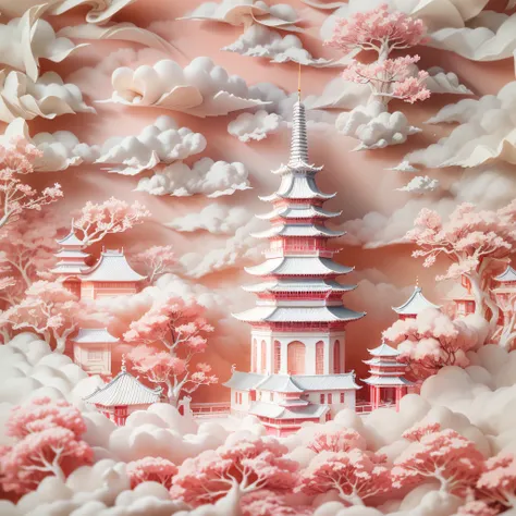 Big Wild Goose Pagoda,(Paper carving:1.5),Tilt-Shift,  (Sea of white clouds:1.5), (White clouds:1.5), (peach blossom:1.2),Soft lighting，Oriental elements, Dreamy, Pastel colors, Bright colors, Traditional Chinese color scheme, ( reasonable design, Clear li...