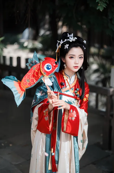 Arapefi, dressed in traditional Chinese costume, holds a fish, Hanfu, Palace ， A girl in Hanfu, Wearing ancient Chinese clothes, Traditional Chinese clothing, Chinese costume, with acient chinese clothes, Chinese traditional, Chinese style, ancient china a...