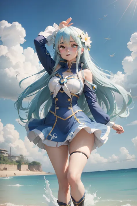 Anime girl with long white hair flying in the sky with a flower, aqua from konosuba, konosuba, konosuba anime style, Anime goddess, nightcore, anime best girl, An anime cover, small curvaceous loli, Anime moe art style, Kantai collection style, azur lane s...