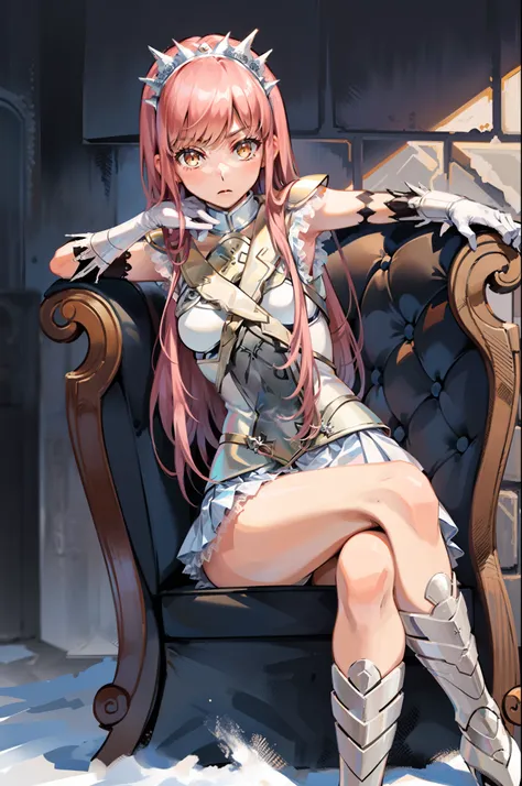 masterpiece,best quality, 1girl, solo, indoors, fireplace, sitting, crossed legs, looking at viewer, medb (fate), tiara, white elbow gloves, white skirt, white boots, armor,