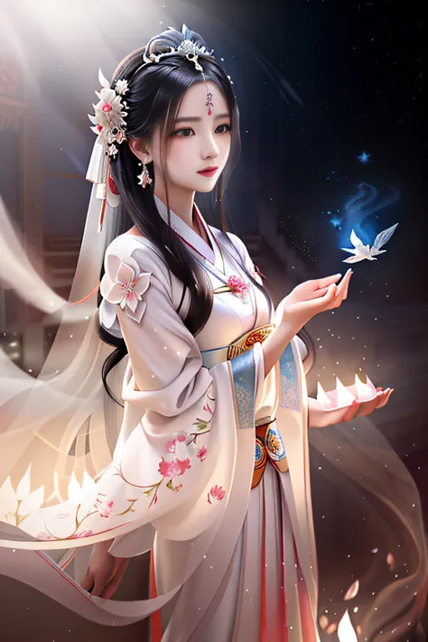 There is a woman in white dress, Palace ， A girl in Hanfu, Guviz-style artwork, White Hanfu, Beautiful character painting, Guviz, a beautiful fantasy empress, Beautiful digital artwork, Wearing ancient Chinese clothes,  ((a beautiful fantasy empress))