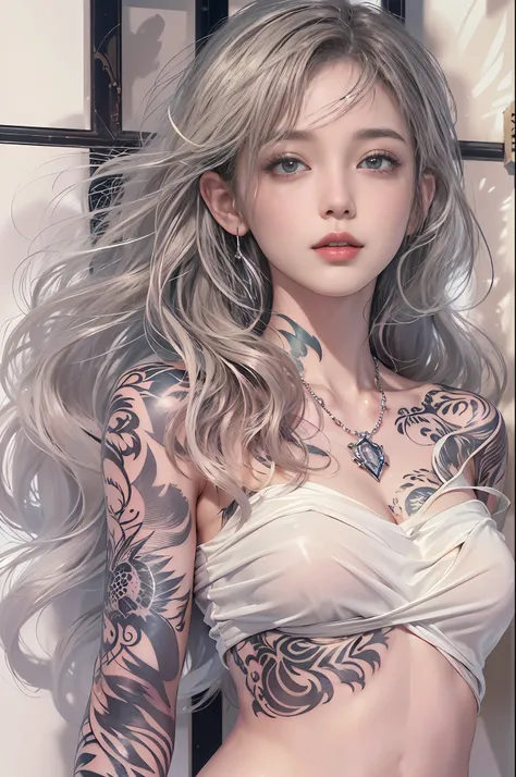 (Gorgeous atmosphere based on white)、​masterpiece、独奏、A highly detailed、Ultra-detailed、超A high resolution、Photorealsitic、Crystal clear white skin、((Blouse made of transparent light fabric、pale white shirt with wide open chest,,,、 areola is see-through、Black...