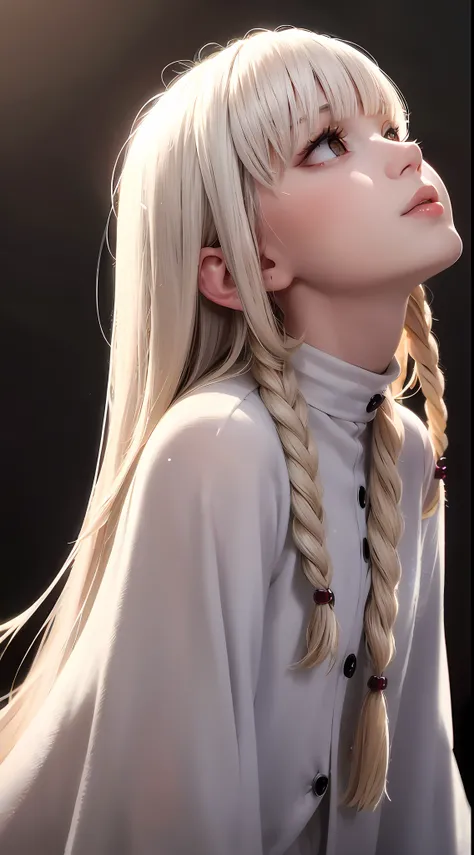 best quality, masterpiece,white hair, gold eyes,white clothes, looking up, upper body,hair strand,Fair skin,side braids