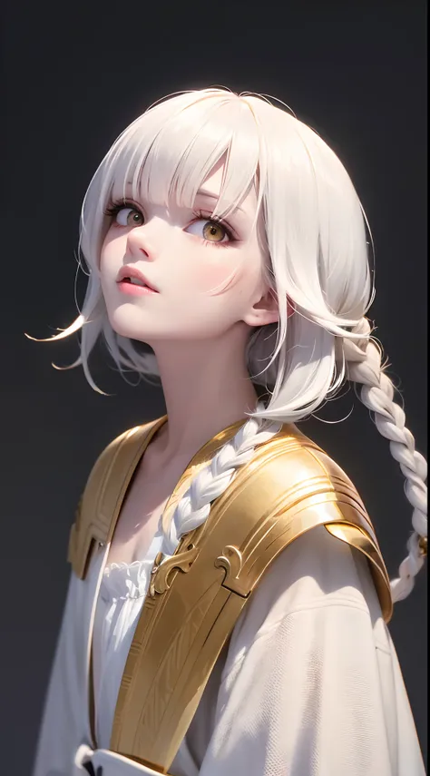 best quality, masterpiece,white hair, gold eyes,white clothes, looking up, upper body,hair strand,Fair skin,side braids