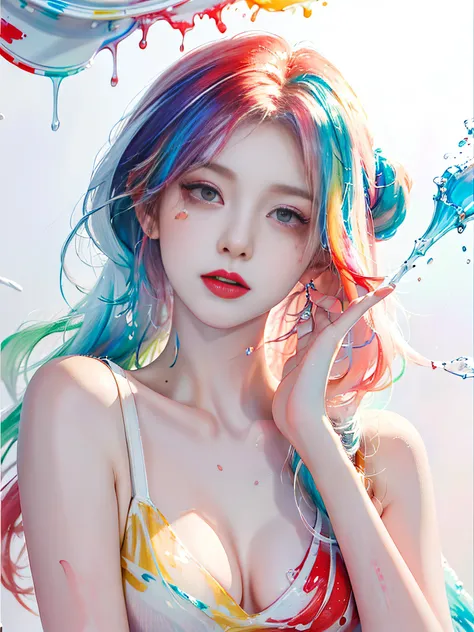 (Masterpiece, Best Quality, High Resolution), White Background, ((Paint Splash, Color Splash, Splash of Ink, Color Splash)),, Sweet Chinese Girl, Rainbow Hair, Peach Lips, Front, Upper Body