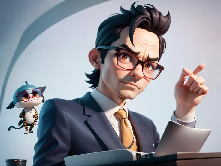 A young man in a suit, Short hair and glasses sat at his desk，holding laptop，digitial painting，tigre，3D character design by Mark Clairen and Pixar and Hayao Miyazaki and Akira Toriyama，4K HD illustration，Very detailed facial features and cartoon-style visu...