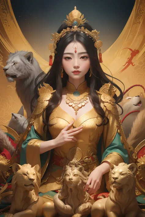 an ancient Chinese goddess, guanyin of the southern seas, Guanyin, Inspired by China, Avalokiteshvara rides a lion，,Serene expression,shui mo hua,Buddha,Buddhist,Lotus,Chinese painting style,Thangka style