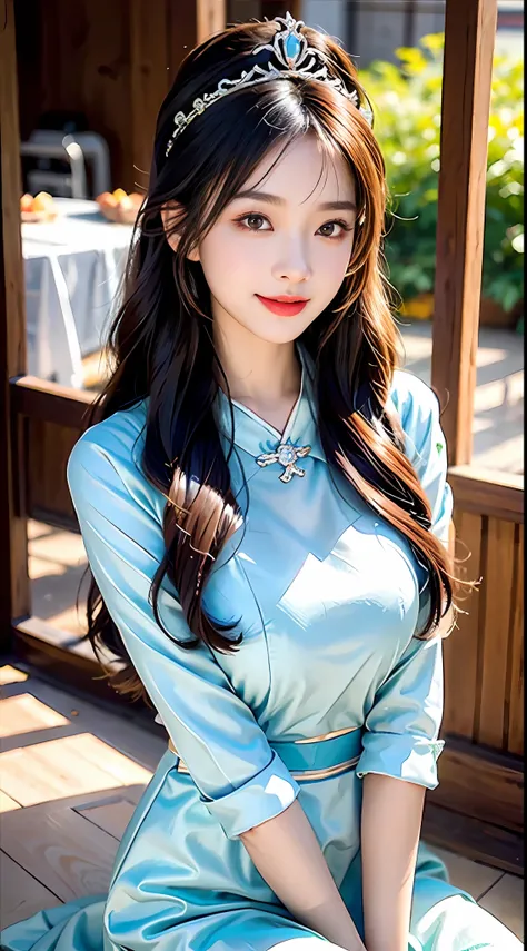 a big breast chinese girl, Cute face, cheerfulness, Long hair, Impressive hairstyle, wearing tiara，A pair of bright and reverent eyes，The eyebrows are slender and elegant，The slightly curved eyebrow shape exudes confidence and charm。Her nose is small and t...