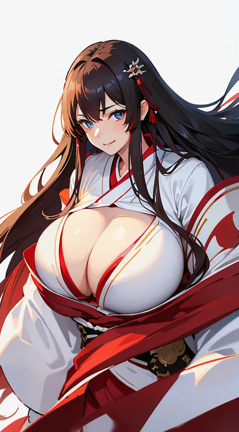 Adult woman, tall women, dark brown hair, (long hair:1.6), blue eyes, open kimono, open chest, smile, masterpiece, high quality, (white and red kimono:1.5), (huge breasts:1.5), shipgirl