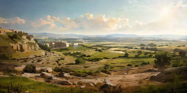 Ultra-wide angle lens for horizontal view of ancient Israeli countryside, Distant Israeli megacities, Rochas, Morning, beautiful light up, Photorealistic, Cinematic