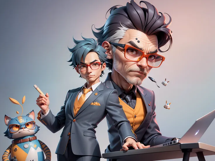 A young man in a suit, Short hair and glasses sat at his desk，holding laptop，digitial painting，tigre，3D character design by Mark Clairen and Pixar and Hayao Miyazaki and Akira Toriyama，4K HD illustration，Very detailed facial features and cartoon-style visu...