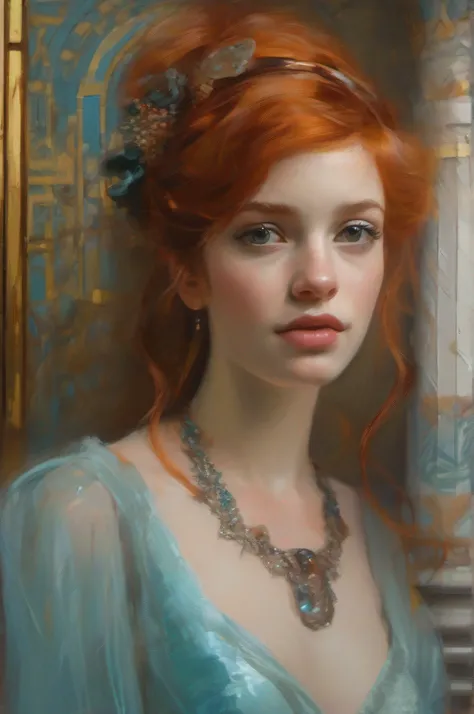 (Best Quality, Masterpiece: 1,1), (Portrait, 1 girl) ,Redhead, at the entrance to the Ambassador Hotel, emotional, 独奏, ((Mandy Jurgens Style)), Detailed, intricate details, excitement, pastel colours, Hyper-realistic, insanely detailed, Stunning, Highly de...