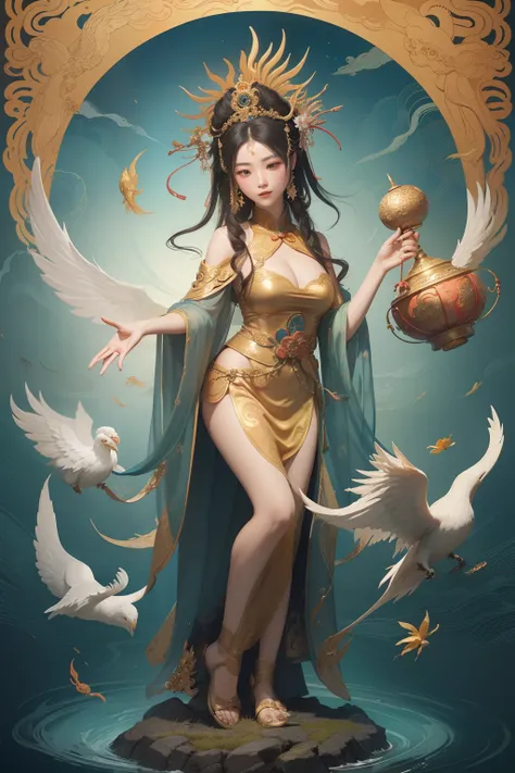 an ancient Chinese goddess, guanyin of the southern seas, Guanyin, Inspired by China, Avalokiteshvara rides a phoenix，,Serene expression,shui mo hua,Buddha,Buddhist,Lotus,Chinese painting style,Thangka style