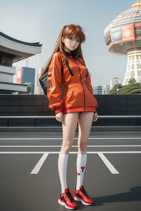 Asuka Langley Soryu, evangelion anime, girl with brown hair, wear street fashion outfit, tokyo dome background,  in japan, full pose, full body, portrait style,