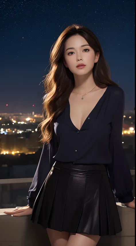 （best qualtiy，A high resolution，tmasterpiece：1.3），A tall and beautiful woman，Slender abs，Dark brown hair in loose wavy styling，nedium breasts，Wear a pendant，white button-down blouse，obi strip，a black skirt，（Starry sky of the city in the background），Beautif...