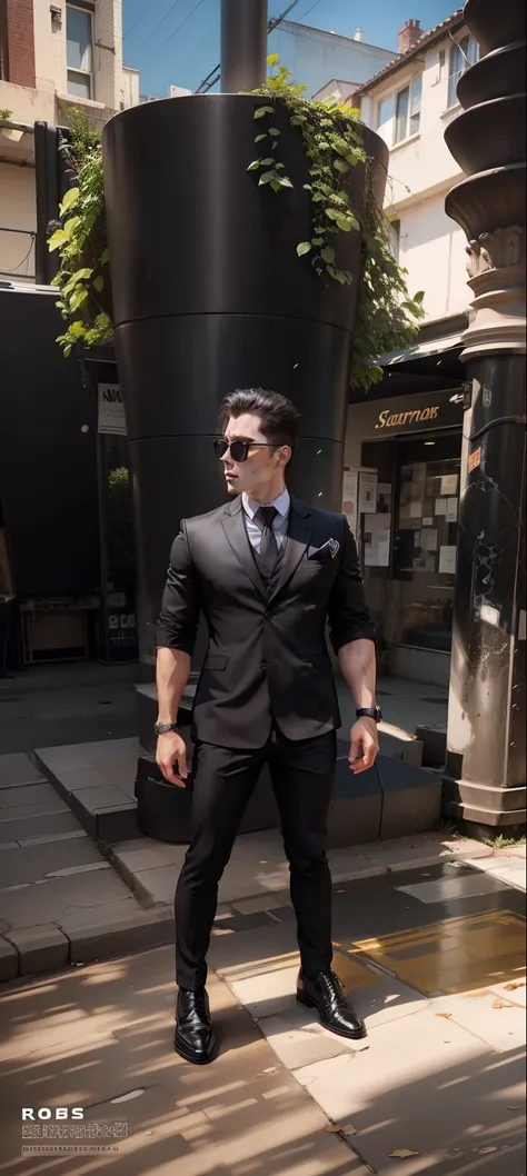 Formal black suit black sunglasses Black boots