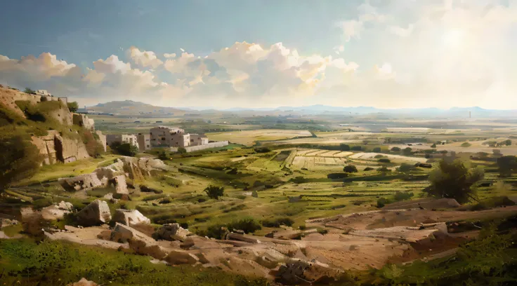 super wide shot，Used for horizontal observation of the ancient Israeli countryside, Distant Israeli megacities, Rochas, Morning, beautiful light up, Photorealistic, Cinematic