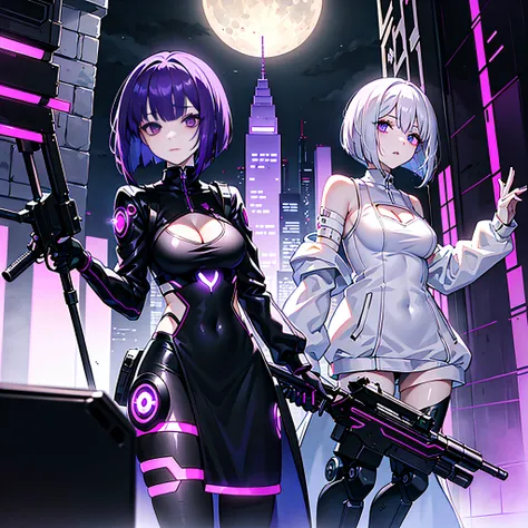 Slender face、long eyeslashes、finely eye、(a short bob:1.3)、(Aimei:1.3)、(Purple hair and white mesh:1.2)、Large cleavage、Slimed、natta、a moon、Cyberpunk、cyber punk Girl、takeout、Cyber City、Black Mechanical Suit、Robot Girl、Black Mechanical Suit、Weapon equipment、b...