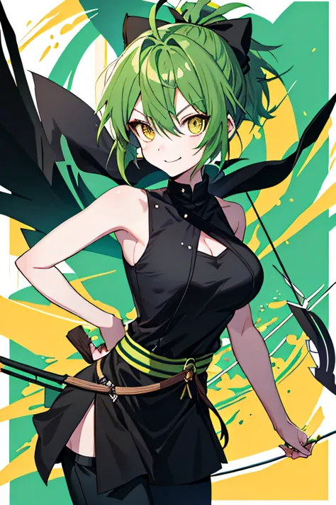 Green hair, ahoge, flatchest，Wear black pants，Wear a short black top，without nose，Armed with a bow and arrow，pony tails, ssmile, Be red in the face, wide-eyed,Dress conservatively，Yellow eyes, anime big breast, character sheets, 16k, 8K, Best quality