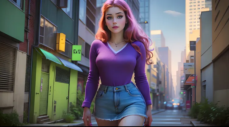 masterpiece, best quality, highres, 1girl, Daphne Blake, full body view, standing in urban city.(8k, 4k, best quality, highres:1.2), (maasterpiece, realistic, photo realistic:1.37), beautiful face