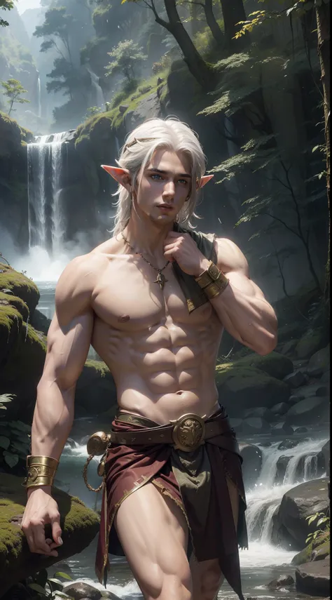 Handsome and hunk Elf Man, wearing  a Roman Belt, shirtless, white hair, elf aer, playing a the waterfalls, in a forest, perfect lights, magical forest, perfectly drawn, High Definition photo, Photo realistic, Extremely Detailed picture, 4K quality