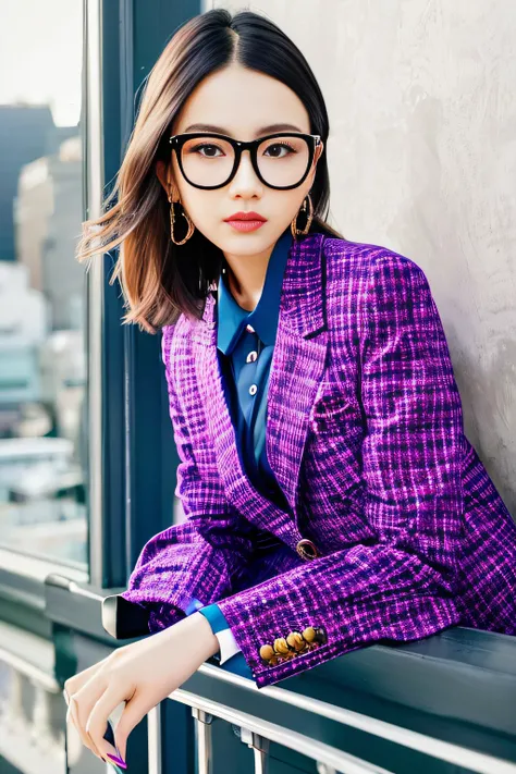 Woman with glasses on her face leaning against a railing, sophisticated young woman, Girl in suit, author：Emma Andievska, wearing a suit and glasses, girl in a suit, Jackie Tsai style, wearing a colorful mens suit, wearing fashion suit, as fashion editoria...