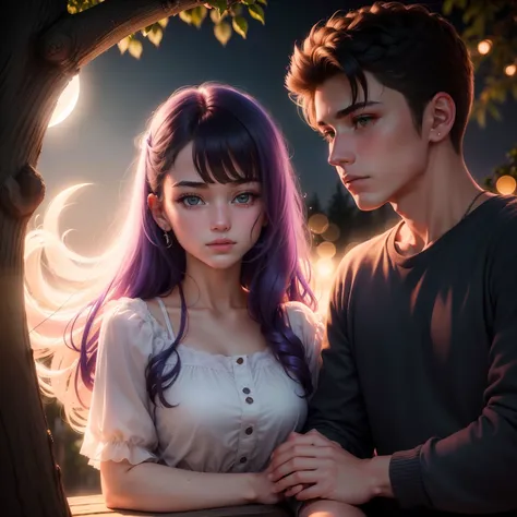 A girl, 20 years old, A Men 23 years Old, ((moonlight) Setting On a tree, neonlight, ((ultra quality Image) Love Vibe, Fresh Image, ((Clear Face),