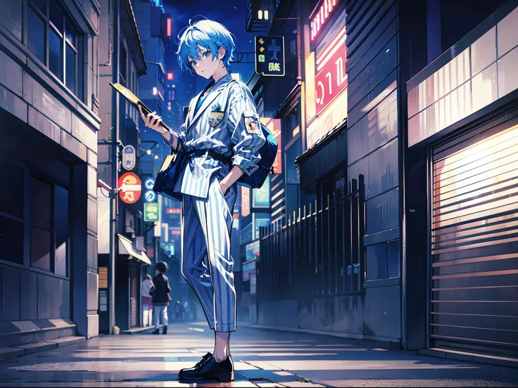 Anime boy standing on city roadside, Wearing a psychiatric suit with blue and white stripes，Anime boy, young anime man, tokyo anime anime scene, Guviz-style artwork, Digital anime illustration, In anime style, 4K anime wallpaper, in an anime style, An anim...