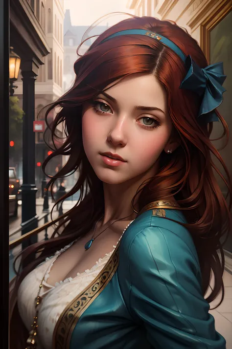 (Best Quality, Masterpiece: 1,1), (Portrait, 1 girl) ,Redhead, at the entrance to the hotel "Ambassador", emotional, 独奏, ((Mandy Jurgens Style)), Detailed, intricate details, excitement, pastel colours, Hyper-realistic, insanely detailed, Stunning, Highly ...