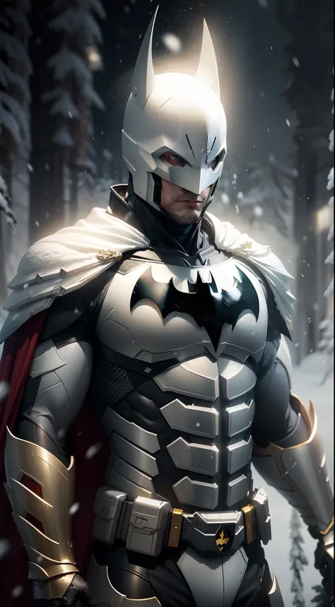 Batman full body on a white, gold and red armor suit, on a white snow forest, snow falling over the armor, the sin shines over the armor suit, hyper realistic, photorealistic, 8K, an award winning photo