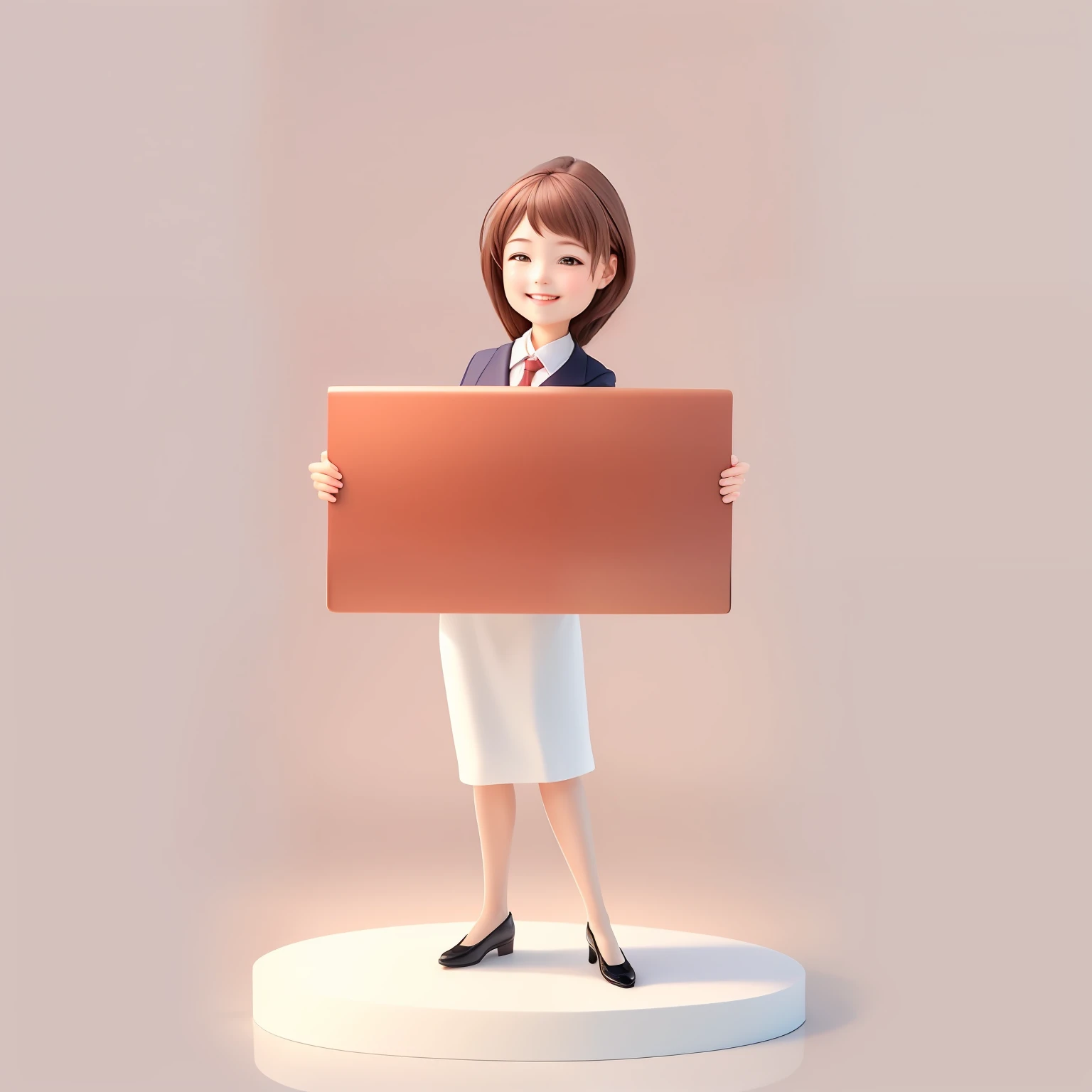 A girl is smiling and holding a board, wearing business suite, good shoes, good hand, good image quality