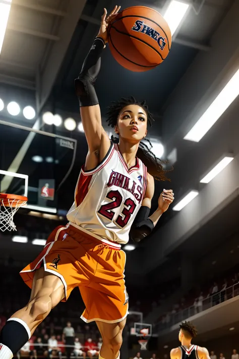 1girl in、long hair, airy, red jersey dunk basketball ball à la fed basketball player, light, inspired by jordan glimmer, michael...