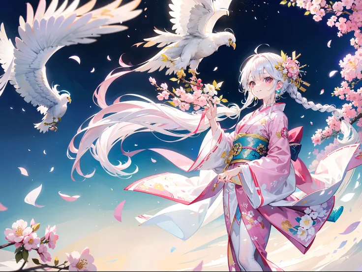 A beautiful girl with white hair，dishiveredhair，Two small braided sides are braided，The ends fade to light pink，He wears a golden hairpin，Wear three small flowers on each side，Wearing a white and pink and gold kimono，The kimono is printed with a white eagl...